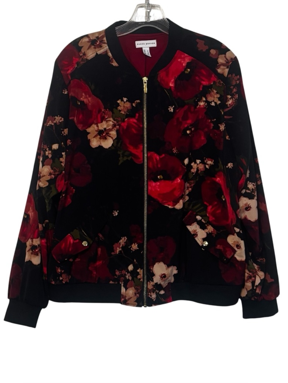 Susan Graver Silky Zip Front Floral Bomber Jacket Red Black Poppy Print LARGE